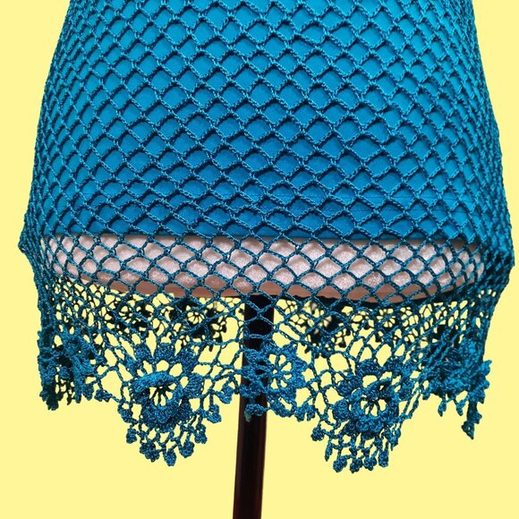 Y2K Crochet Top 3D Flowers Turquoise Blue Size M Boho Fairy - Picture 4 of 9